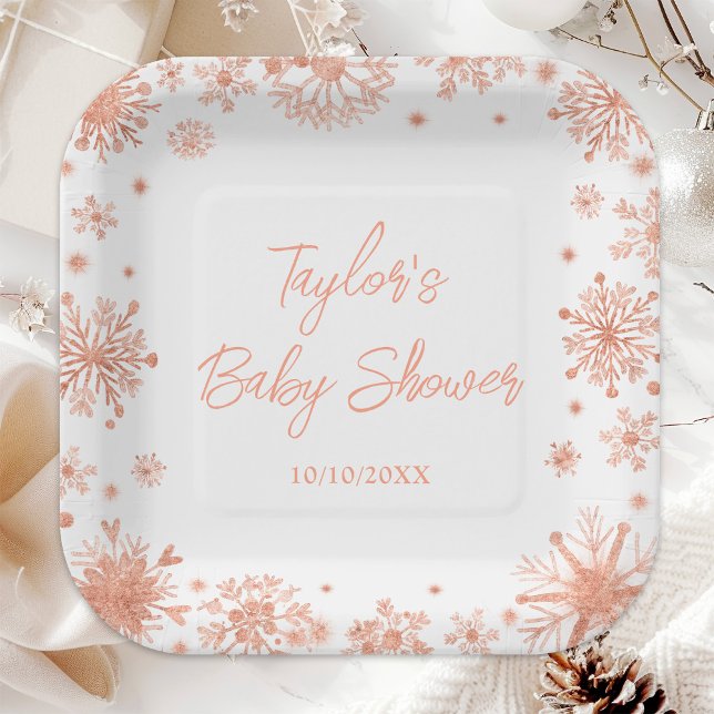 Plato De Papel Rosa Gold Snowflakes Baby Shower (Subido por el creador)