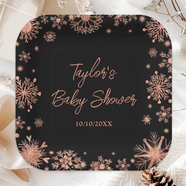 Plato De Papel Rosa Gold Snowflakes Baby Shower (Subido por el creador)