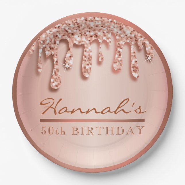 Plato De Papel Rosa Gold Sparkle Drippy Drippy Party Cumpleaños (Anverso)