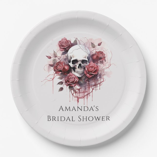 Plato De Papel Rosa gótico Skull Halloween Bridal Shower (Anverso)