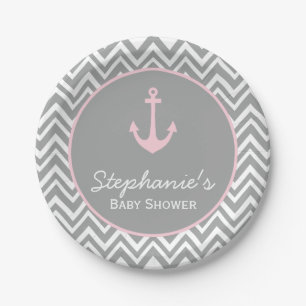 Plato De Papel Rosa gris y en colores pastel Chevron Baby Shower