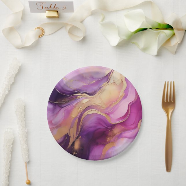 Plato De Papel Rosa morado moderno y oro- (Boda)