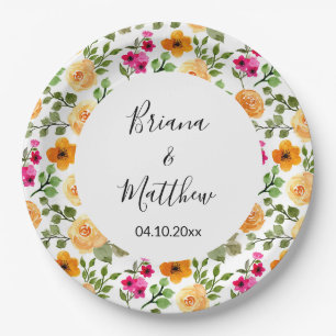 Plato De Papel Rosa Naranja Bonito Floral de Verano