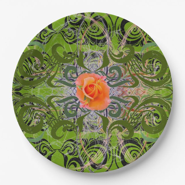 Plato De Papel Rosa naranja en verde elegante (Anverso)