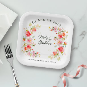Plato De Papel Rosa Naranja Rojo Floral Brillante Clase de Gradua