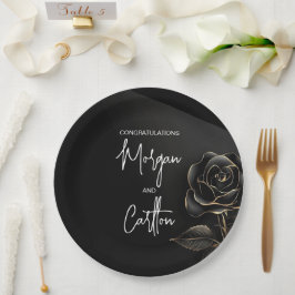Plato De Papel Rosa negra ébano con acentos de oro Boda