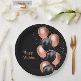 Plato De Papel Rosa Negra Globo Dorado Chic