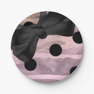 Plato De Papel Rosa Negro y Dorado Lunares Chic Lazo Glam Fiesta