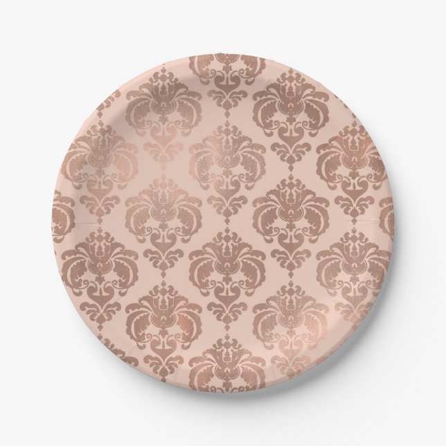 Plato De Papel Rosa Oro Rubor Rosa Moderno Glam Damask (Anverso)