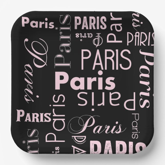 Plato De Papel Rosa París, tema de París en negro y rosa (Anverso)