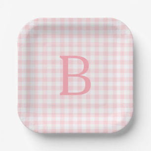 Plato De Papel Rosa Pastel y Blanco Gingham Monogramado