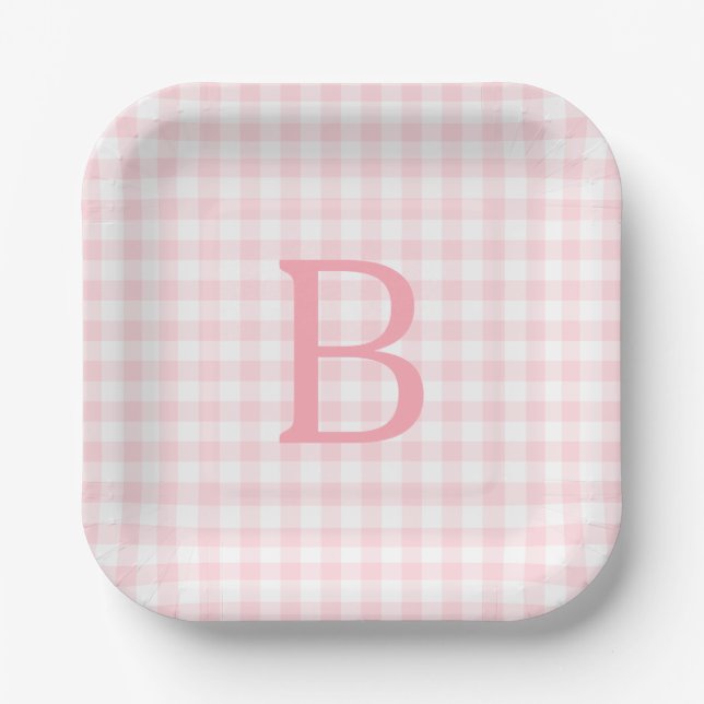 Plato De Papel Rosa Pastel y Blanco Gingham Monogramado (Anverso)