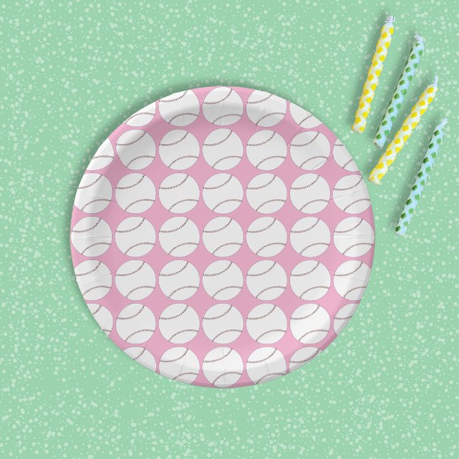 Plato de papel rosa patrón béisbol (Pink paper plate with a simple baseball pattern . )