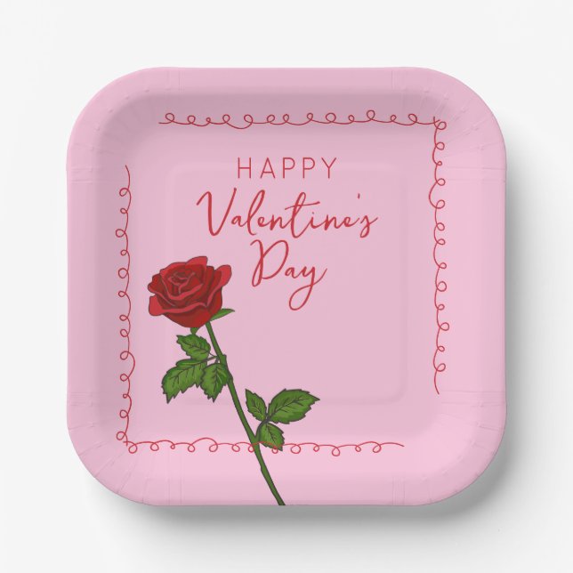 Plato De Papel Rosa personalizada Feliz día de San Valentín  (Anverso)