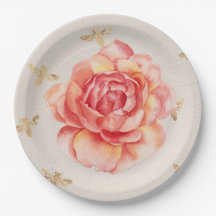 Rosa pintado a mano o peony con abejas doradas en 