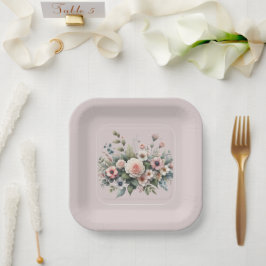 Plato De Papel Rosa Polvorienta Floral Botánica Acuarela para Bod