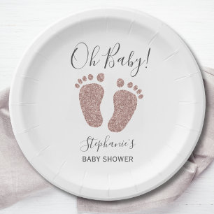 Plato De Papel Rosa Purpurina de oro Baby Feet Baby Shower