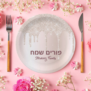 Plato De Papel Rosa Purpurina de oro Drip Hebreo Happy Purim