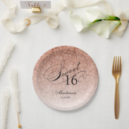 Plato De Papel Rosa Purpurina dorado Sweet 16 Personalizado