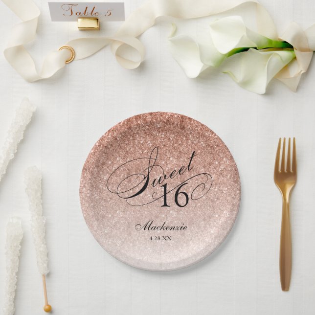 Plato De Papel Rosa Purpurina dorado Sweet 16 Personalizado (Boda)