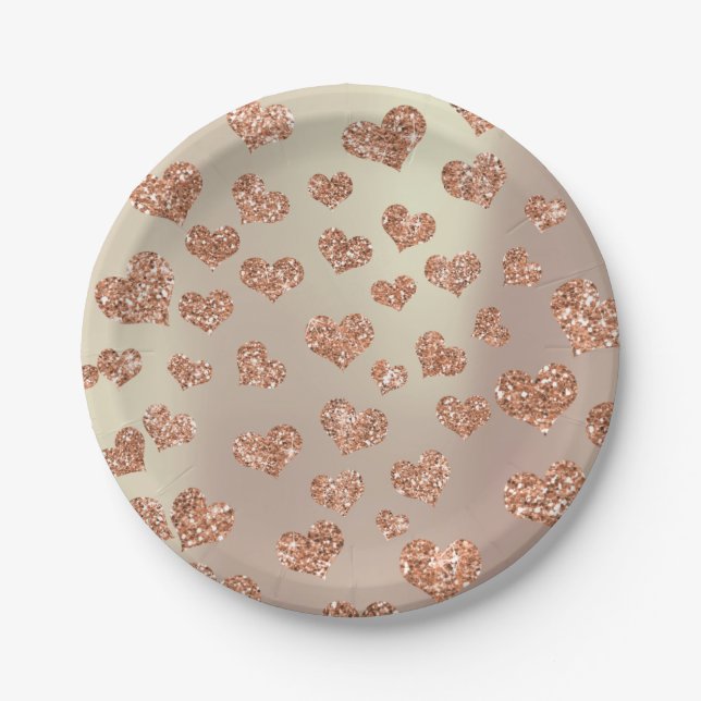 Plato De Papel Rosa purpurina Foxier Gold Hearts Confetti Copper (Anverso)