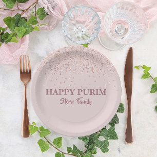 Plato De Papel Rosa Purpurina rosa dorado Polvo Purim Sameach heb