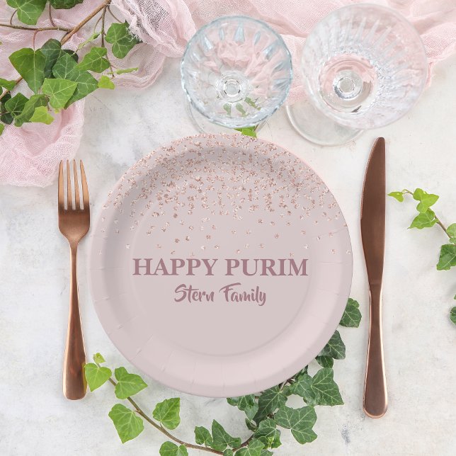 Plato De Papel Rosa Purpurina rosa dorado Polvo Purim Sameach heb (Subido por el creador)