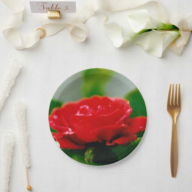 Plato De Papel Rosa Roja de la pasión cubierta de rocío (Boda)