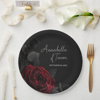 Plato De Papel Rosa Roja en Nombre Personalizado Floral Negro Mal