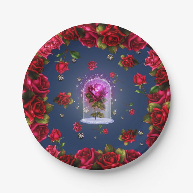 Plato De Papel Rosa Roja encantada y Fiesta elegante de diamantes (Anverso)
