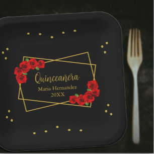 Plato De Papel Rosa Roja Negro y Quinceañera de oro