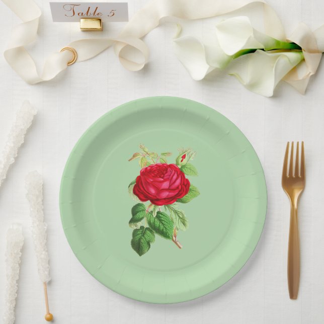 Plato De Papel Rosa Roja Pintada sobre Verde Claro (Boda)