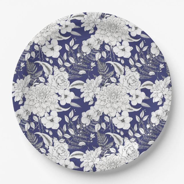 Plato De Papel Rosa romántico peony eucalipto línea dibujar púrpu (Anverso)