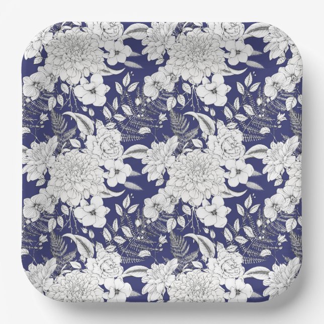 Plato De Papel Rosa romántico peony eucalipto línea dibujar púrpu (Anverso)