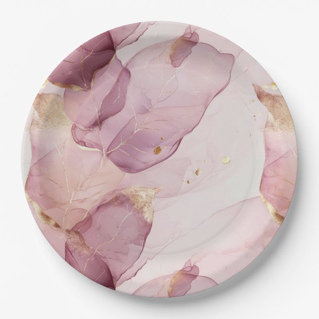 Plato De Papel Rosa romántico Rubor Pink Gold Leaf Cumpleaños (Anverso)