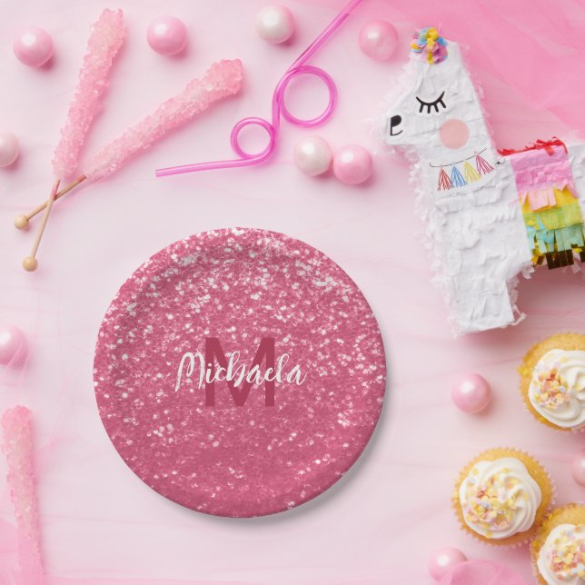 Plato De Papel Rosa rosa claro chispas purpurina Monograma (Fiesta)