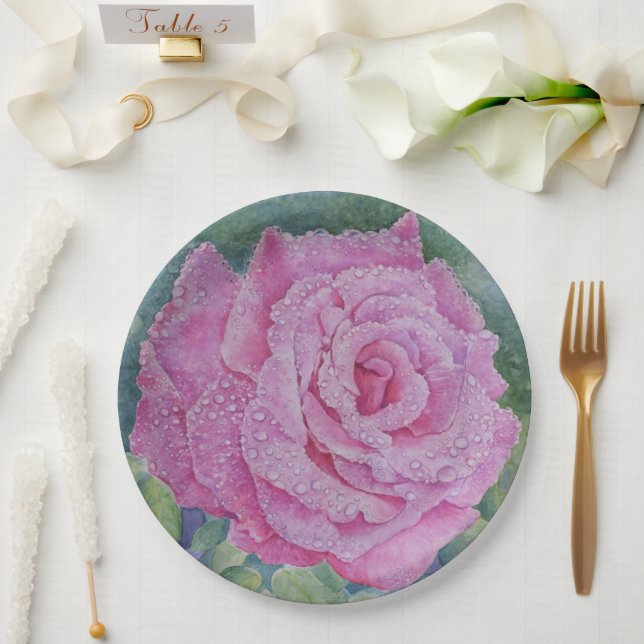 Plato De Papel Rosa rosa con gotas de lluvia  (Boda)