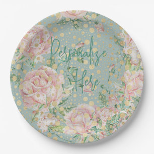 Plato De Papel Rosa rosa floral punto oro verde azulado elegante 
