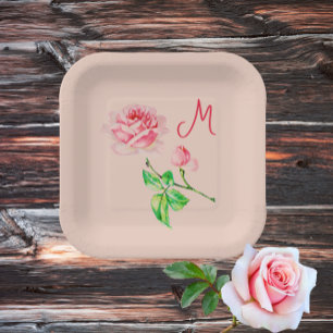 Plato De Papel Rosa rosa rosado vintage monogramado
