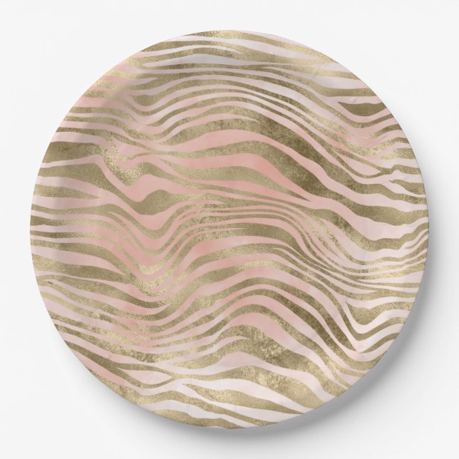 Plato De Papel Rosa rosa Rubor Gold Zebra Animal    (Anverso)