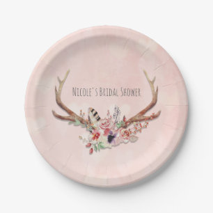 Plato De Papel Rosa Rubor Rosa Floral Ciervo Cuerno Boho Chic