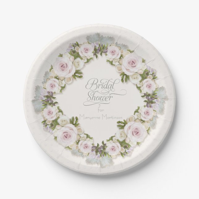 Plato De Papel Rosa Rubor Sage Succuly Greenery Bridal Shower (Anverso)