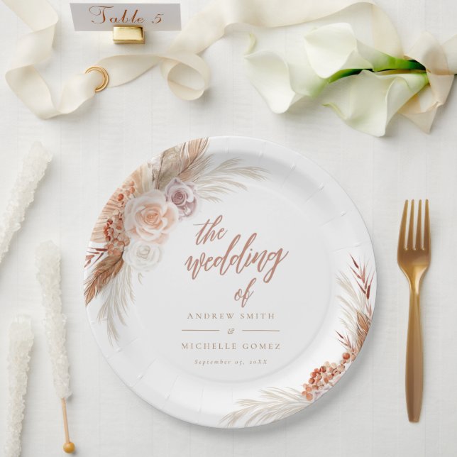 Plato De Papel Rosa silenciado Pampas Terracotta Boho Boda (Boda)