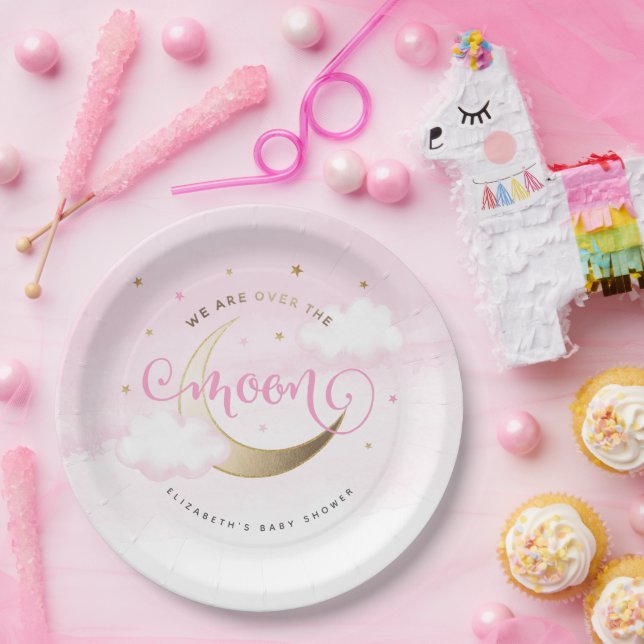 Plato De Papel Rosa sobre las placas de papel lunar (Fiesta)