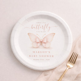 Plato De Papel Rosa Sonrojado Mariposa Pequeña Lazo Niña Baby Sho