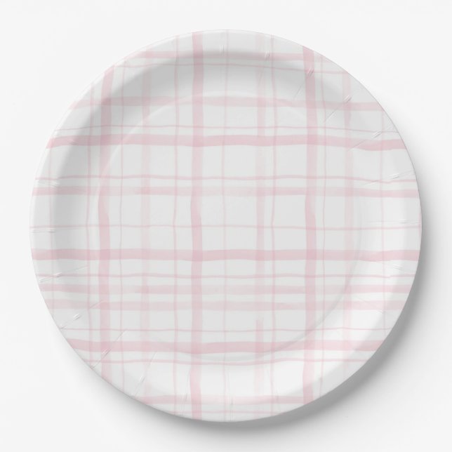 Plato De Papel Rosa Suave a Pastel de Cuadros Fiesta (Anverso)