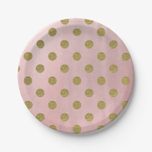 Plato De Papel Rosa suave Purpurina de oro rosa Glam Polka Dots F (Anverso)