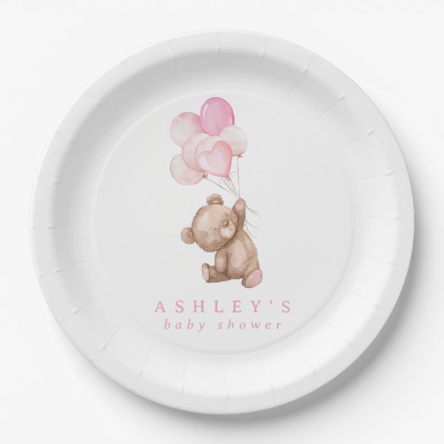 Plato De Papel Rosa Teddy Oear Podemos Esperar A Baby Shower (Anverso)