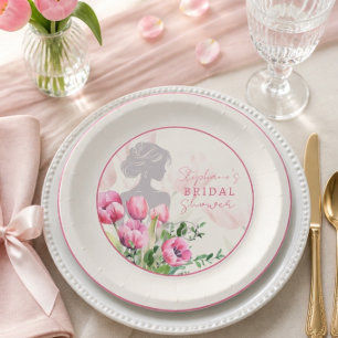 Plato De Papel Rosa Tulipán Redondo para Despedida de Soltera