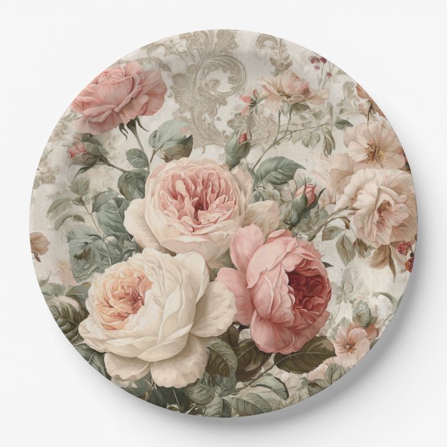Plato De Papel Rosa Victoriana Romántica Vintage (Anverso)